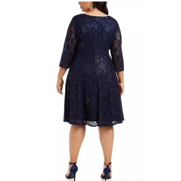 SLNY Womens Plus Size 20W Navy Blue Sequined A-Line Lace Cocktail Party Dress - Picture 2 of 8